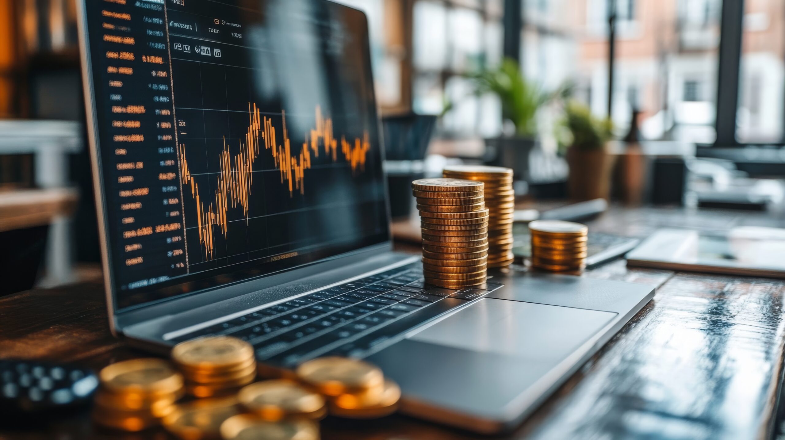 A small business owner analyzes market data on a laptop with financial charts while surrounded by stacks of coins.
