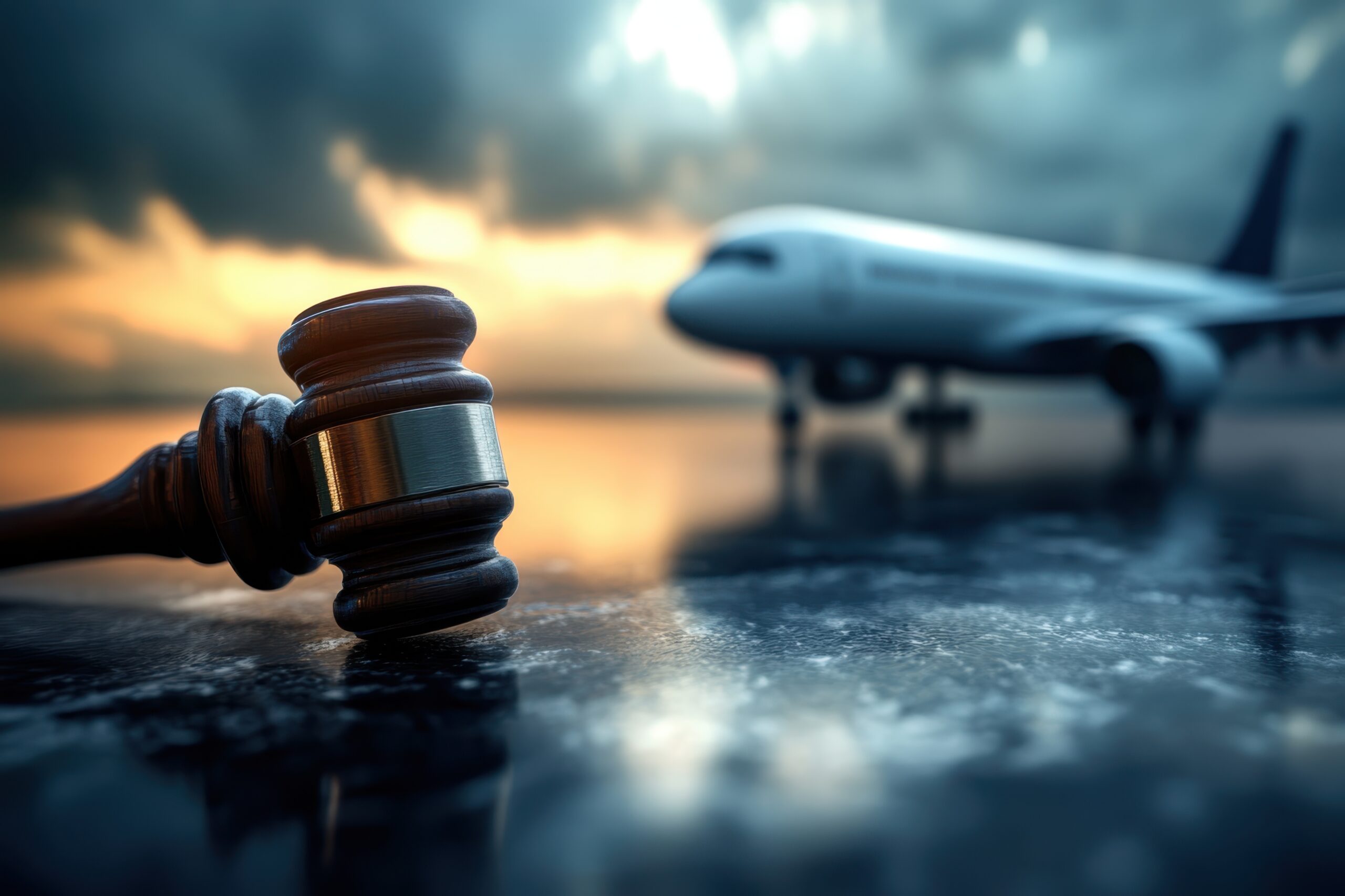 A gavel rests on a reflective surface as an airplane is silhouetted against a colorful sunset.